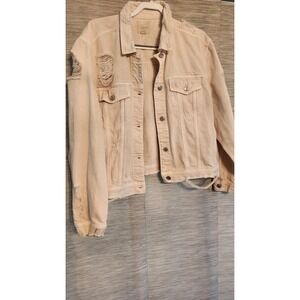 American Eagle Outfitters Womens Beige Distressed Denim Jacket XXL Button Casual